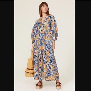 STAUD Blue and Orange Leaf Print Midi Dress